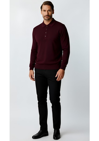 Mürdüm Standart Fit Dar Kalıp Polo Yaka Düz Uzun Kollu Triko