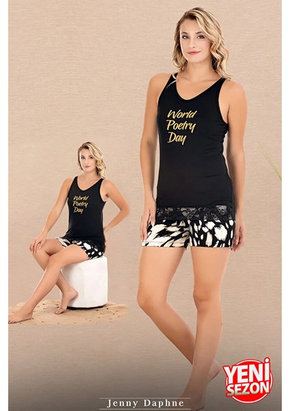 Lady Desenli Şort Dantelli Şortlu Pijama Takımı