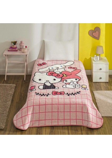 Lisanslı Tek Kişilik Çocuk Battaniye (160X220)-HELLO Kitty Friends Pembe