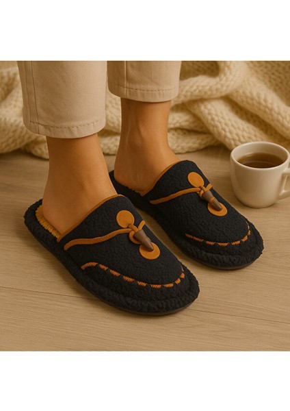 Kadın Kışlık Düğmeli Içi Havlulu Rahat Kaymaz Tüylü Ev Terliği(Dar Kalıp)