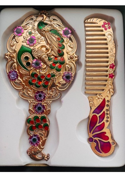 Ayna Tarak Seti, Kutulu-Metal-Hediyelik Takım, 13CM Aynalı Saç Fırçası, Tavuskuşu Figürlü