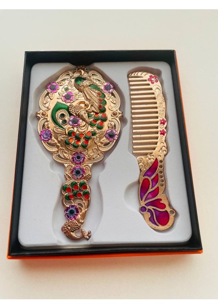Ayna Tarak Seti, Kutulu-Metal-Hediyelik Takım, 13CM Aynalı Saç Fırçası, Tavuskuşu Figürlü modelleri