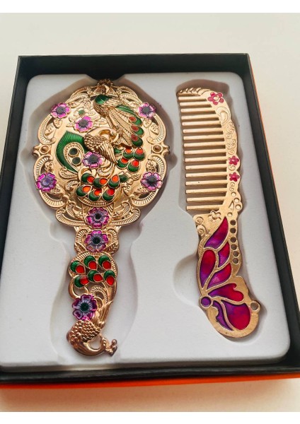 Ayna Tarak Seti, Kutulu-Metal-Hediyelik Takım, 13CM Aynalı Saç Fırçası, Tavuskuşu Figürlü fırsatları