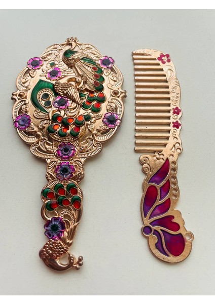 Ayna Tarak Seti, Kutulu-Metal-Hediyelik Takım, 13CM Aynalı Saç Fırçası, Tavuskuşu Figürlü