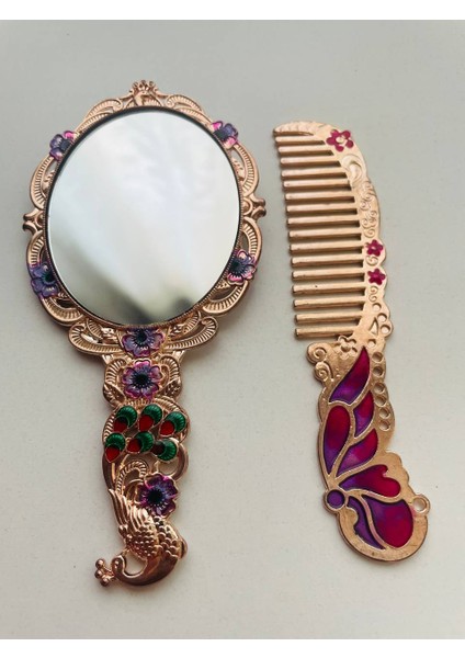 Ayna Tarak Seti, Kutulu-Metal-Hediyelik Takım, 13CM Aynalı Saç Fırçası, Tavuskuşu Figürlü