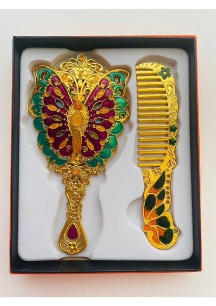 Ayna Tarak Seti, Kutulu-Metal-Hediyelik Takım, 13CM Aynalı Saç Fırçası, Tavuskuşu Figürlü