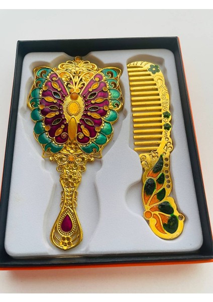 Ayna Tarak Seti, Kutulu-Metal-Hediyelik Takım, 13CM Aynalı Saç Fırçası, Tavuskuşu Figürlü modelleri