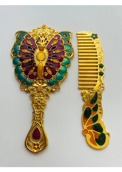 Ayna Tarak Seti, Kutulu-Metal-Hediyelik Takım, 13CM Aynalı Saç Fırçası, Tavuskuşu Figürlü