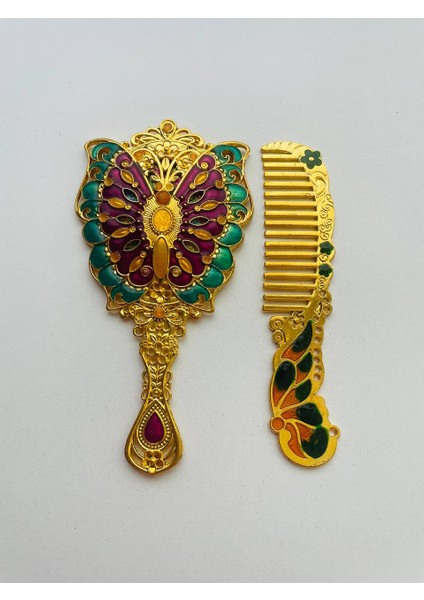 Ayna Tarak Seti, Kutulu-Metal-Hediyelik Takım, 13CM Aynalı Saç Fırçası, Tavuskuşu Figürlü