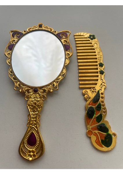 Ayna Tarak Seti, Kutulu-Metal-Hediyelik Takım, 13CM Aynalı Saç Fırçası, Tavuskuşu Figürlü