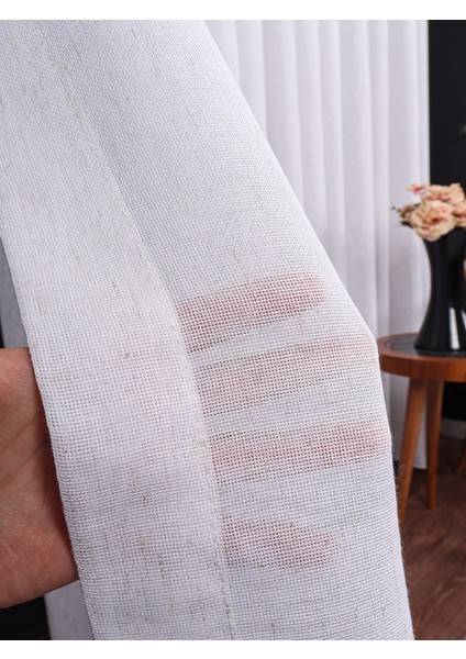 Hazel Ekru-Kahverengi Detaylı Keten Düz Tül Perde Gramajlı (1/2.5 Normal Pile)