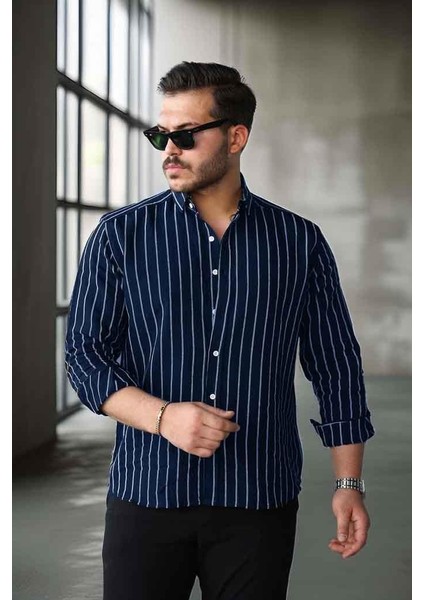 Scorsese Çizgili Relaxed Fit Erkek Gömlek - Lacivert fiyatları