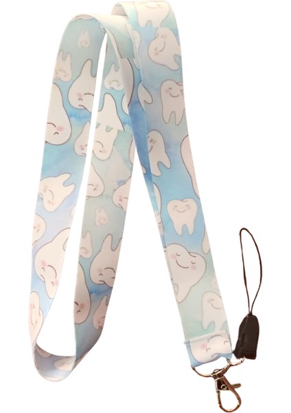 Açık Mavi Sevimli Dişler Boyun Askı Ipi ve Telefon Askısı + Kartlık