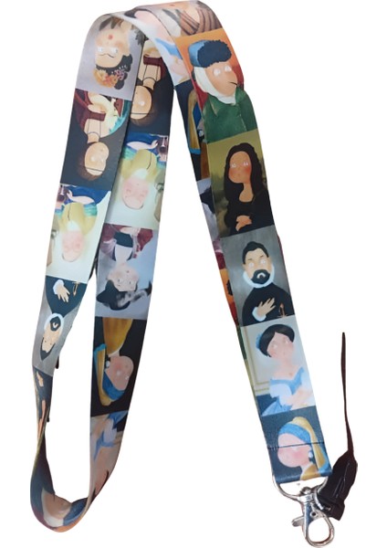 Inci Küpeli Kız Tablo Desenli Boyun Askı Ipi ve Telefon Askısı + Kartlık