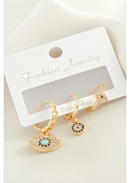 3 Adet Oval Nazar Zirkon Taşlı Küpe