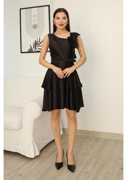 Çiçek Detaylı Saten Elbise 2371-SIYAH fırsatları