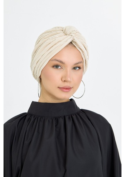 Bej Çapraz Büzgülü Tesettür Bone Fukuro Piliseli 2512_12