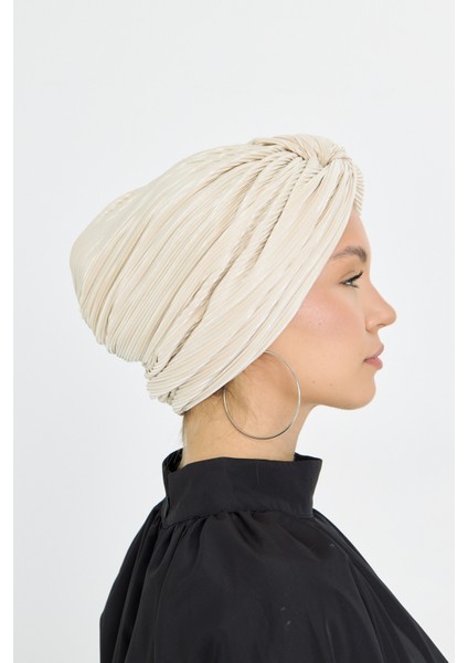 Bej Çapraz Büzgülü Tesettür Bone Fukuro Piliseli 2512_12 modelleri