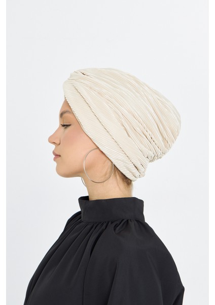 Bej Çapraz Büzgülü Tesettür Bone Fukuro Piliseli 2512_12