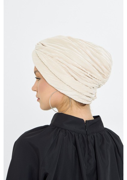 Bej Çapraz Büzgülü Tesettür Bone Fukuro Piliseli 2512_12