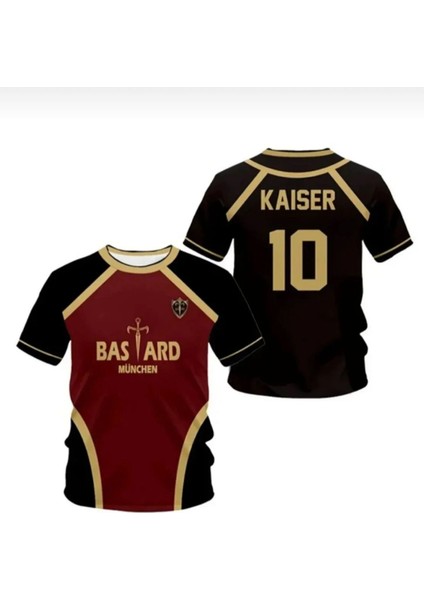 Siyah Bordo Anime Blue Lock 10 Kaiser Forma Unisex T-Shirt Minga London modelleri