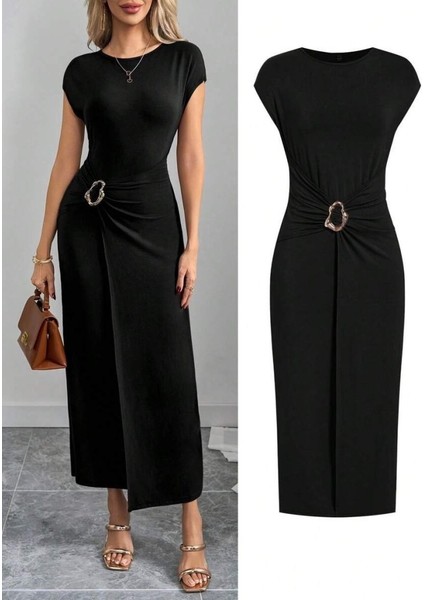 Kadın Yarım Ay Kollu Yuvarlak Yaka Önünde Toka Detaylı Modal Maxi Elbise indirimleri