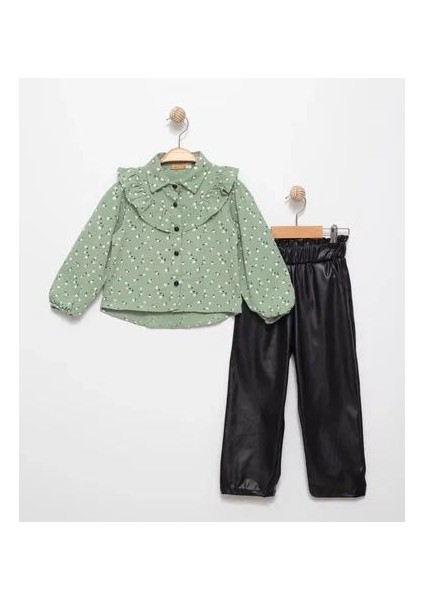 Kız Çocuk Deri Pantolon- Çiçekli Gömlek Alt Üst Takım
