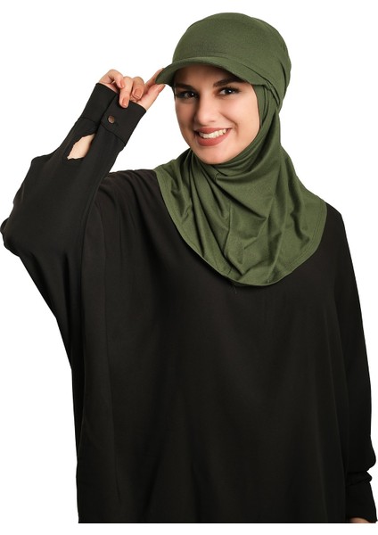 Haki Pratik Hazır Geçmeli Şapkalı Tesettür Eşarp Viskon Düz 2513_09