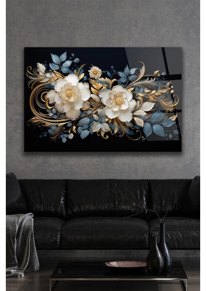 Mavi Yapraklar, Beyaz Şakayıklar Dekoratif Cam Tablo