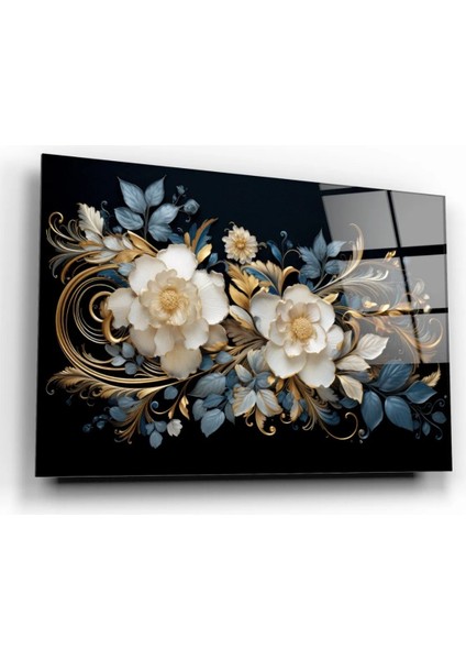 Mavi Yapraklar, Beyaz Şakayıklar Dekoratif Cam Tablo fiyatları