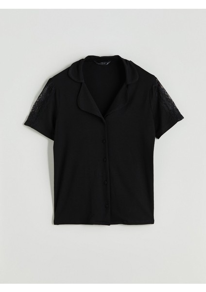 Yeni Sezon Gömlek Yaka Dantel Detaylı Kadın Pijama Üstü