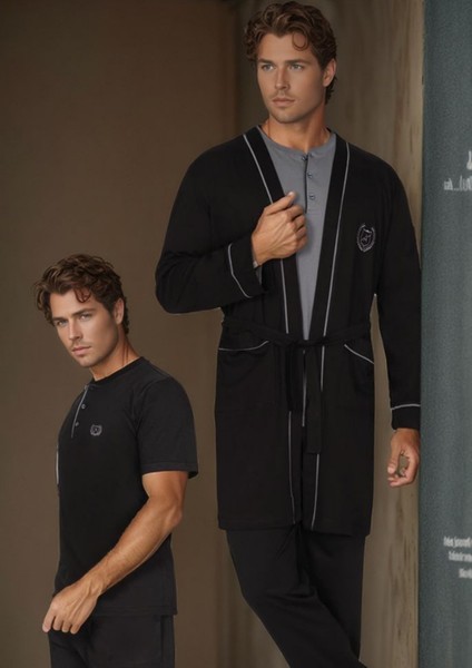 Erkek %100 Pamuklu 5 Parça Kutulu Robdöşambr & Yazlık - Kışlık Pijama Takımı Set L1.ANC.6610.01