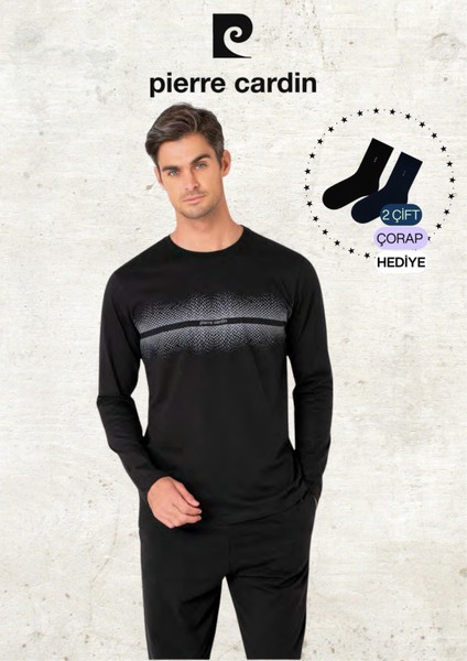 Erkek %100 Pamuk Uzun Kollu Desenli Siyah Pijama Takımı (2 Adet Hediye Çorap) L1.PC.6102.001