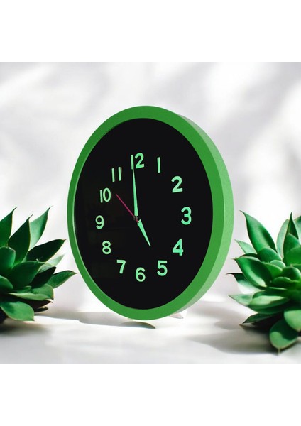 Fosforlu Kabartma Rakam Yeşil Siyah Salon Duvar Saati Çap 30 cm
