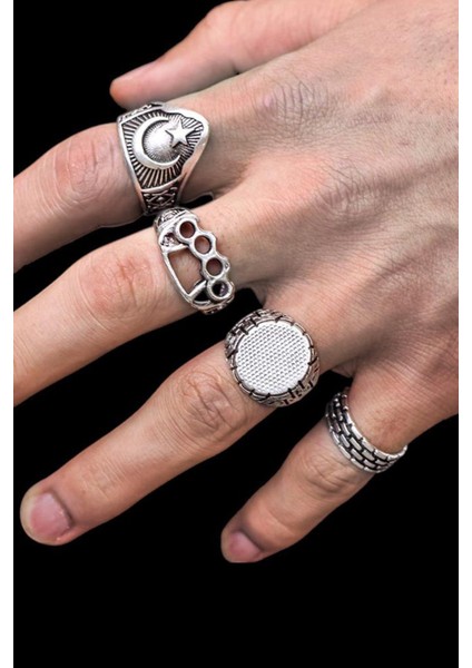 4 Adet 925 Ayar Gümüş Kaplama Ayarlanabilir El Yapımı Erkek Kadın Yüzük Seti