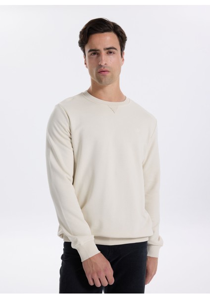 Bisiklet Yaka Düz Ekru Erkek Sweatshırt Joseyy