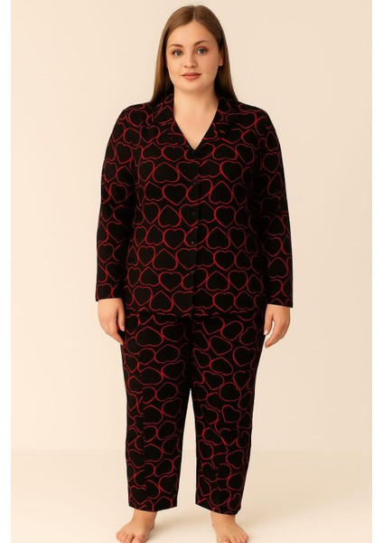 Kadın 02162 Büyük Beden Düğmeli Süet Pijama Takımı Siyah