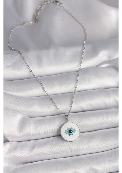Bfs 316L Çelik Gümüş Renk Zincir Beyaz Mineli Turkuaz Göz Işleme Model Kadın Kolye fiyatları