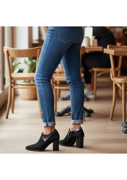 Siyah Süet Hakiki Deri Rugan Detaylı Kadın Kalın Topuklu Bot