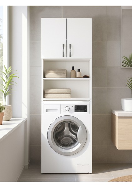 Banos Çok Amaçlı Banyo Dolabı Çamaşır Makinesi Dolabı Beyaz