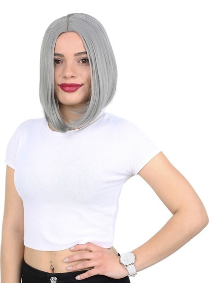 Fiber Sentetik Peruk Perçemsiz Kısa Düz / Gri