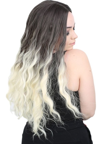 Su Dalgası Uzun Perçemsiz Fiber Sentetik Peruk / Küllü Siyah / Platin Ombreli fiyatları
