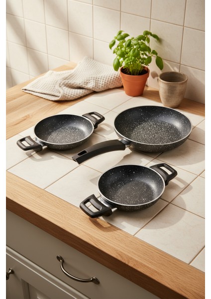 Athelas 3 Parça Tava ve Sahan Seti Siyah (16-18-24 Cm)