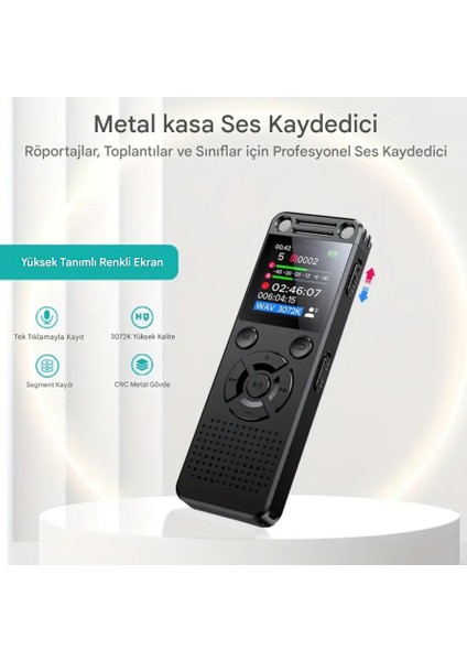 Hs-32 Metal Ses Kayıt Cihazı 96GB (32+64GB) – Çift Hoparlör, Kristal Mikrofon, 75 Saat Pil, Gürültü Azaltma, Type-C Şarj, Profesyonel Diktafon