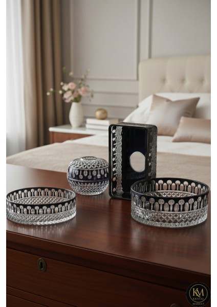 El Yapımı Kristal Kesme Beykoz Desen Dekoratif Sofra Sunum Seti 4'lü