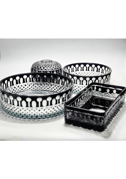 El Yapımı Kristal Kesme Beykoz Desen Dekoratif Sofra Sunum Seti 4'lü modelleri