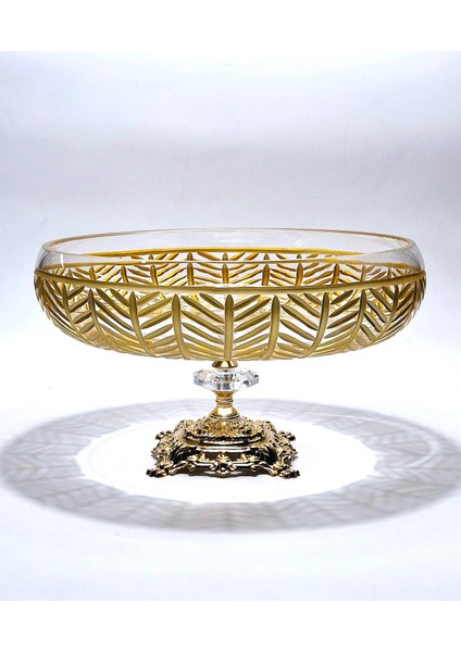 28CM Kesme Kristal Dekor Gold Ayaklı Cam Kase Milas Gold Desen