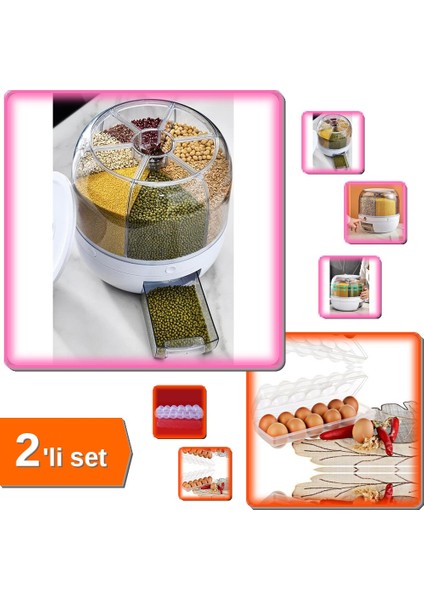 6 Lt 6 Bölmeli Kuru Gıda Saklama Kutusu + Şeffaf Yumurta Kutusu - 2'li Set - PQ4RLD