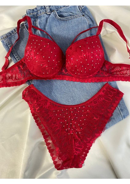 Kadın Dantelli Ip Detaylı Taşlı Balenli Destekli Dolgulu Push Up Sütyen Takımı Iç Çamaşırı Takımı