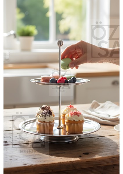 2 Katlı Paslanmaz Çelik Kurabiye Standı Dekoratif Sunum Tepsisi Pasta Servisi Ikramlık Katlı Sunum